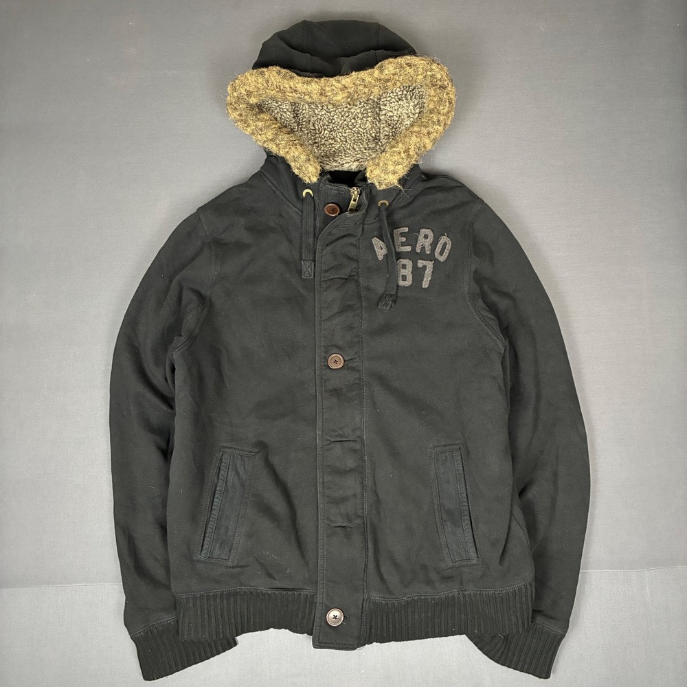 Y2K Aeropostale Fur Lined Hood Black Button Zip Up Jacket Men's Size Large